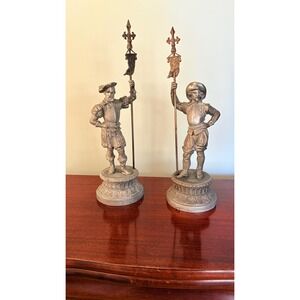 Vintage Renaissance Musketeer Statues Pair European Spelter Guard Figures